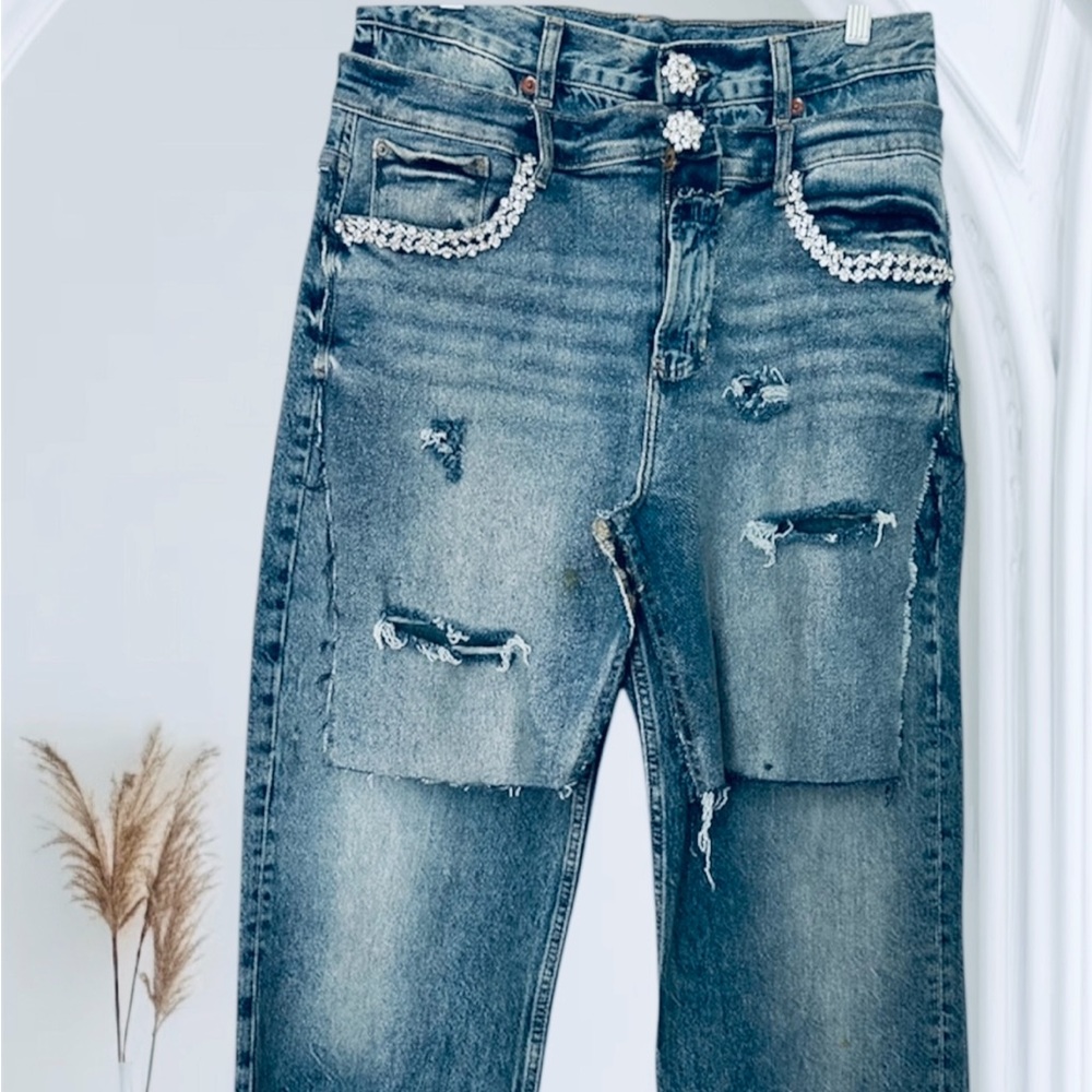 Distressed Blue Jeans with Rhinestone Accents